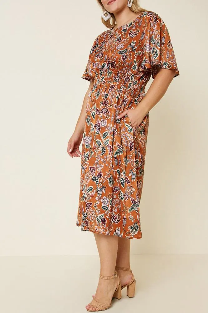 Woodstock Floral Satin Smock-Waist Midi Dress