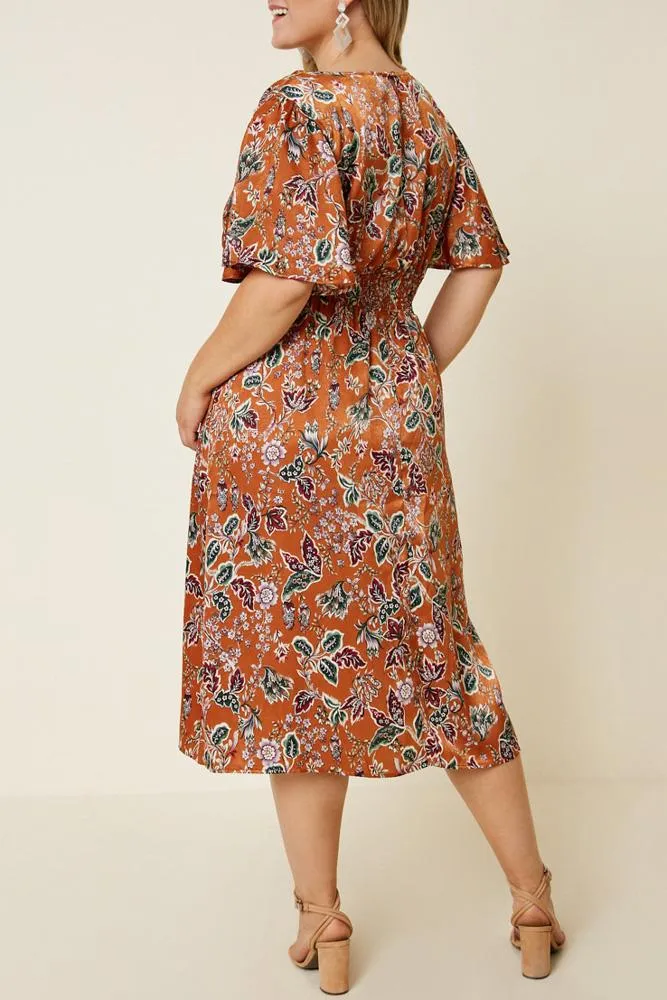 Woodstock Floral Satin Smock-Waist Midi Dress